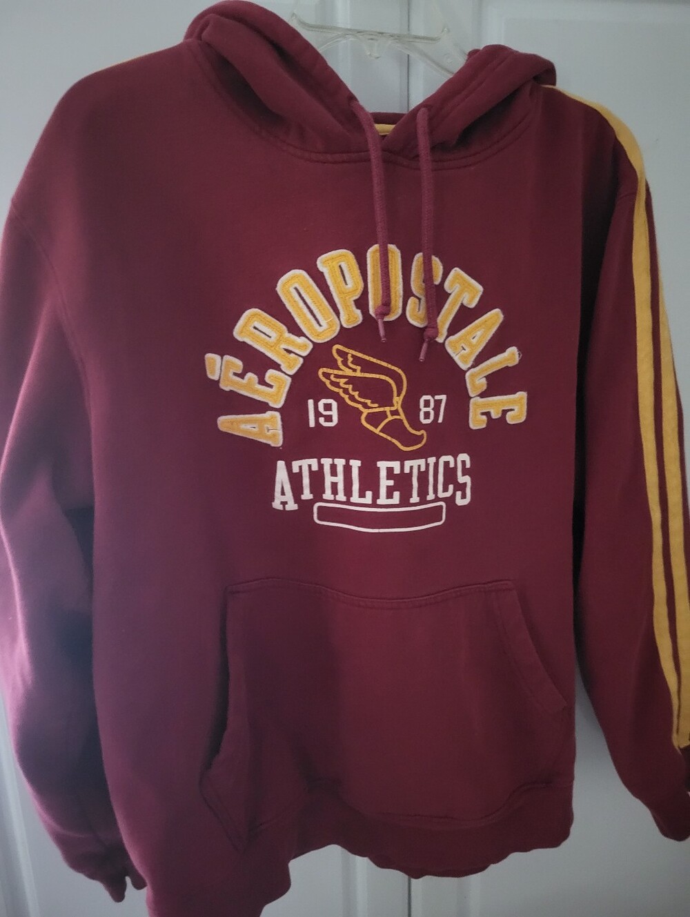 Vintage Y2K Aeropostale Hoodie Men Large Red Yellow Sweatshirt Spellout Size LG